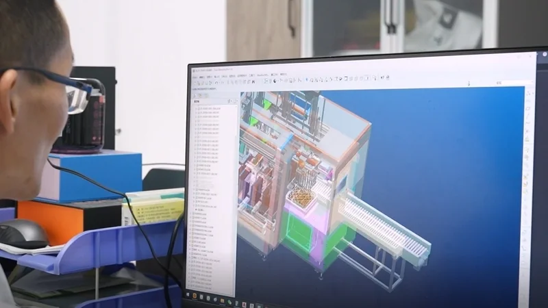 Engineer Reviewing 3D Machine Design in SolidWorks